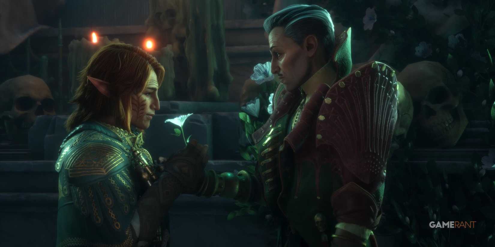Emmrich giving Rook a flower in Dragon Age: The Veilguard