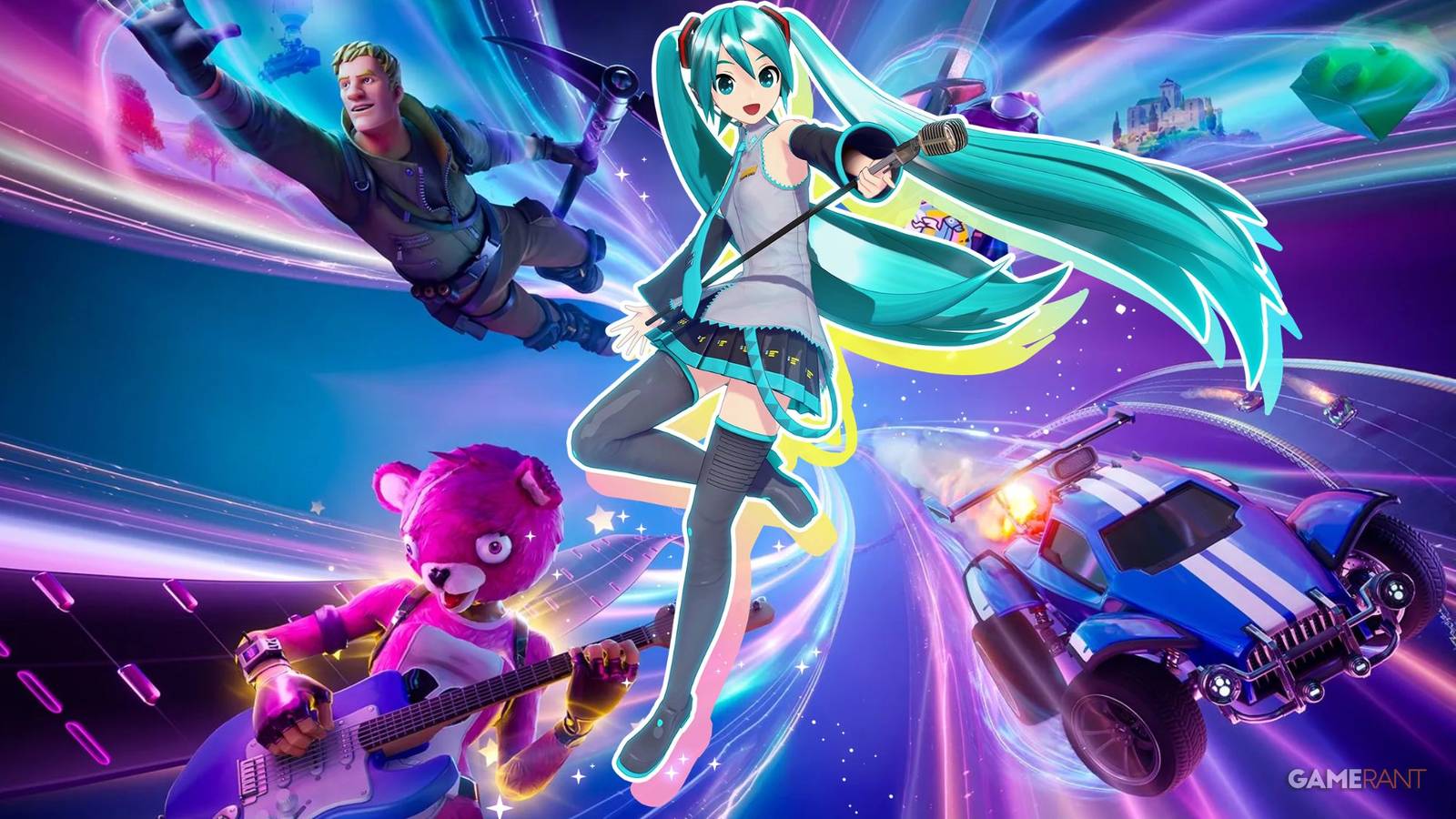 Project DIVA render of Hatsune Miku edited on top of a Fortnite official season art