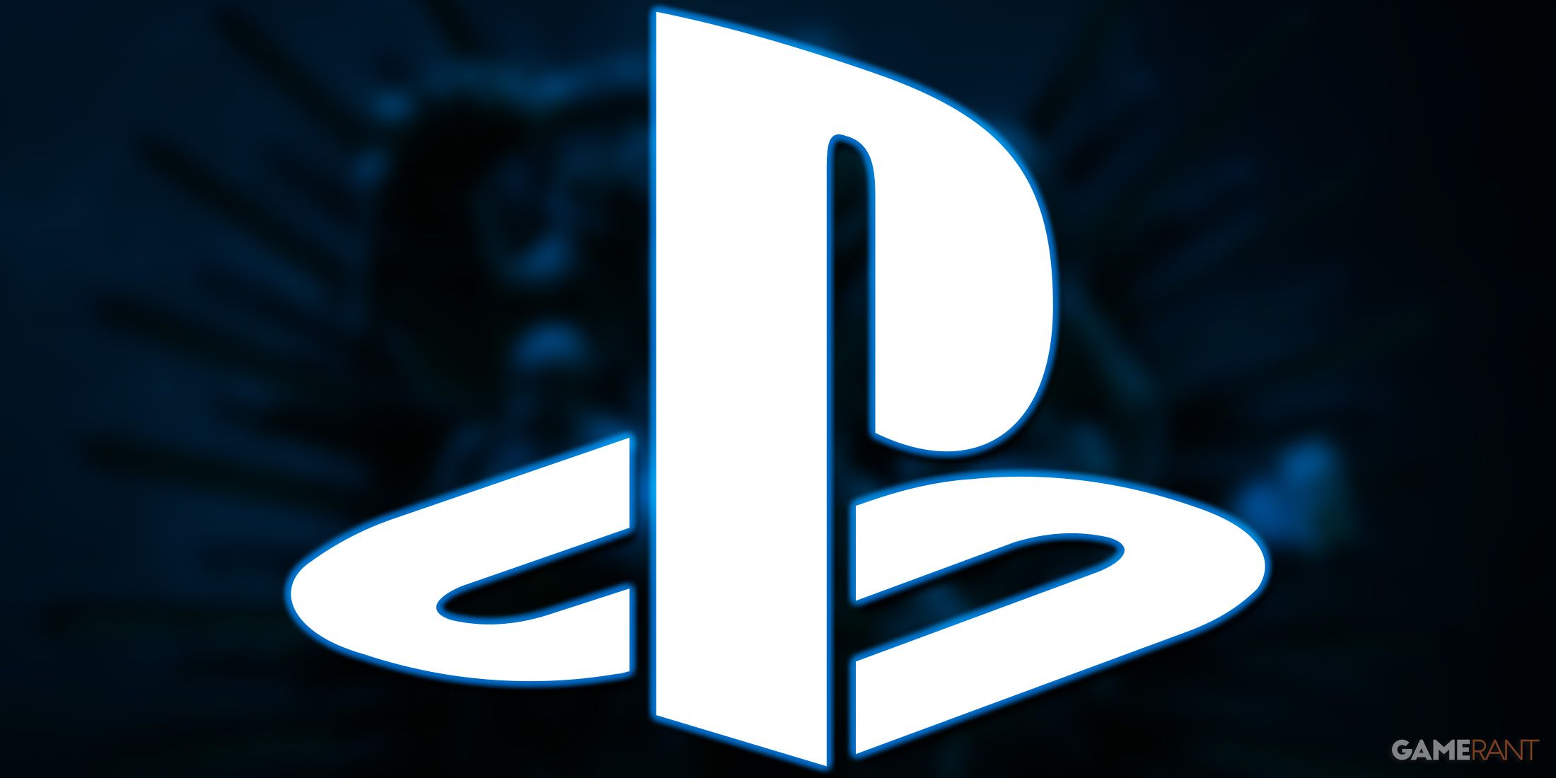 White PlayStation logo submark over blurred and blue-tinted Warhammer 40k Darktide promo key art 2x1 composite