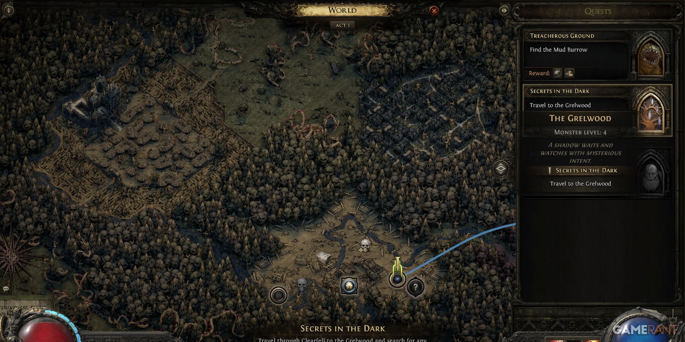 World map in Path of Exile 2, showing quests and travel points in Act 1