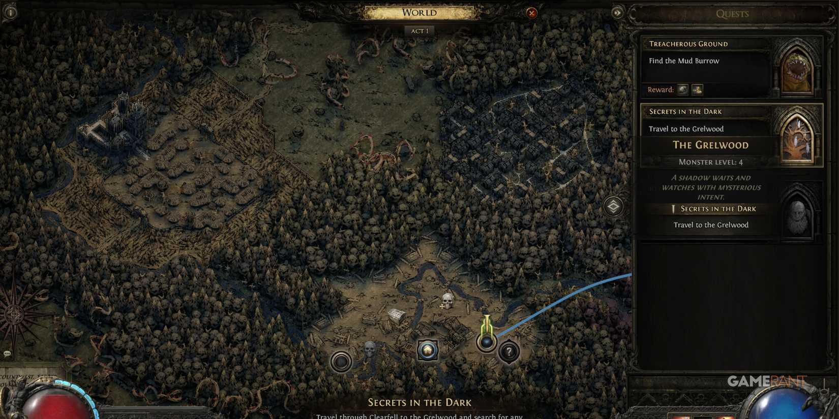 World map in Path of Exile 2, showing quests and travel points in Act 1
