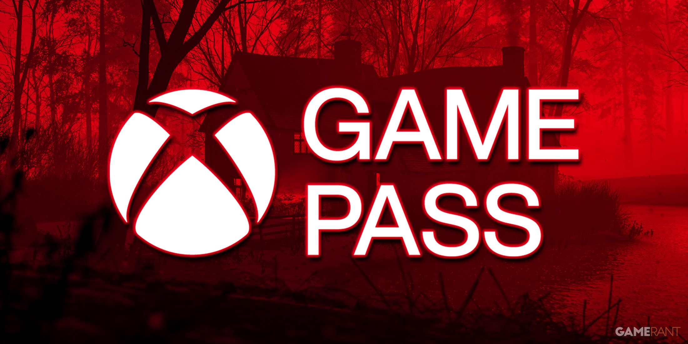 Xbox Game Pass logo over red-tinted Forza Horizon 4 lake house driveway promo screenshot