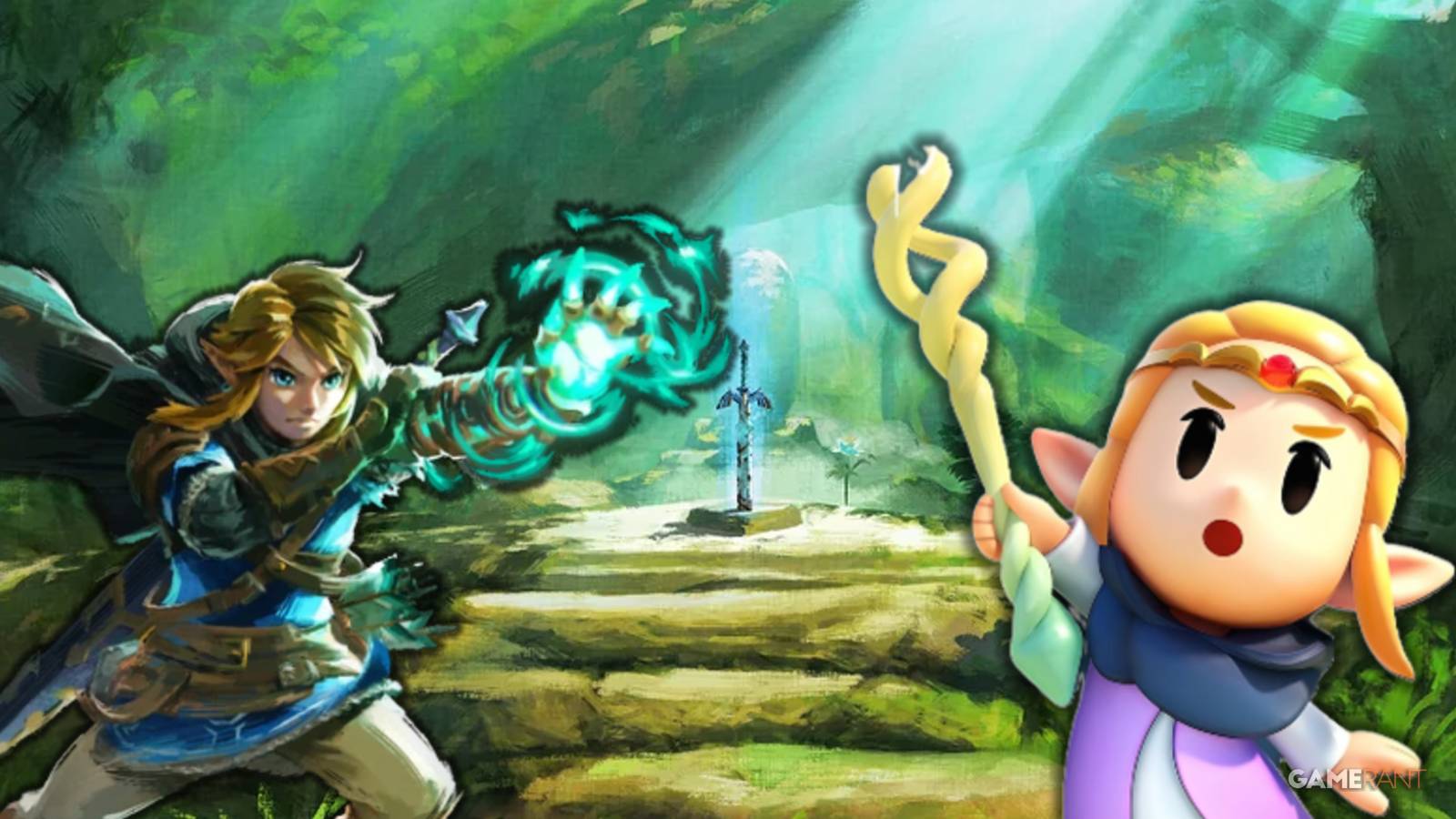 Link and Princess Zelda stood before the Master Sword from The Legend of Zelda