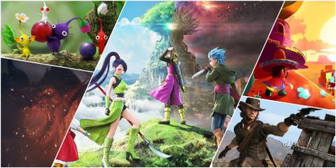 A Collage Featuring Key Art & Key Frames From Pikmin 2, Dragon's Dogma 2, Super Mario Odyssey, Red Dead Redemption, & Dragon Quest 11
