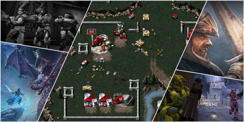 A Collage Featuring Key Art & Key Frames From Quake 3 Arena, Age Of Empires 3, Halo 2, Total War Warhammer 3, & Command And Conquer Remastered