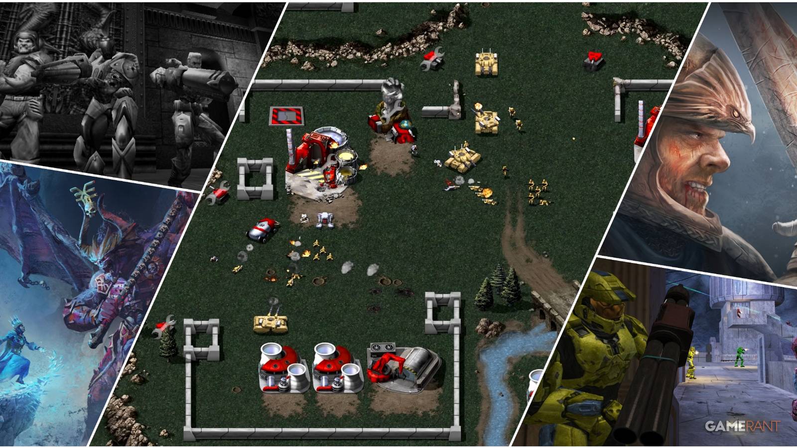 A Collage Featuring Key Art & Key Frames From Quake 3 Arena, Age Of Empires 3, Halo 2, Total War Warhammer 3, & Command And Conquer Remastered