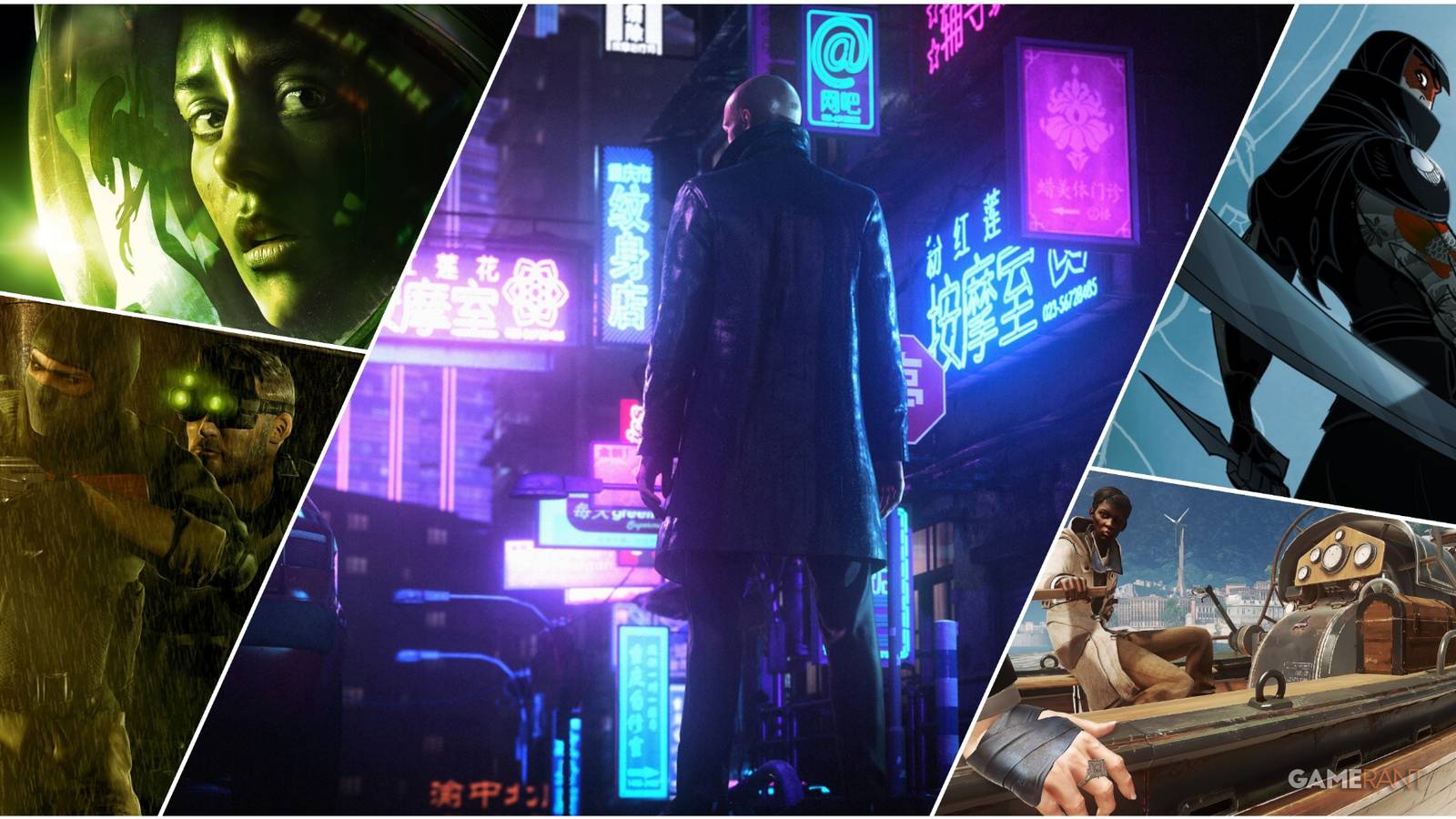 A Collage Of Key Art From Alien Isolation Splinter Cell Chaos Theory, Hitman, Mark Of The Ninja & Dishonored