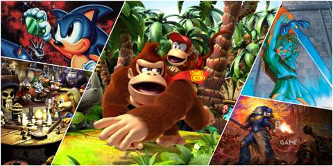 A Collage Of Key Art From Sonic CD, Conker's Bad Fur Day, The Legend Of Zelda Ocarina Of Time, Warhammer 40K Boltgun, & Donkey Kong Country Returns