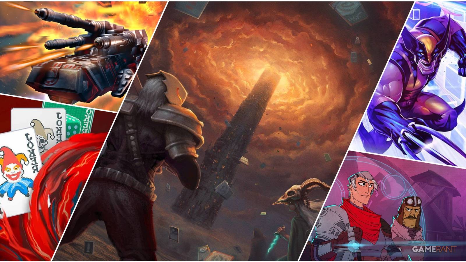 A Collage Of Key Art From Star Realms, Balatro, Slay The Spire, Marvel SNAP, & Griftlands