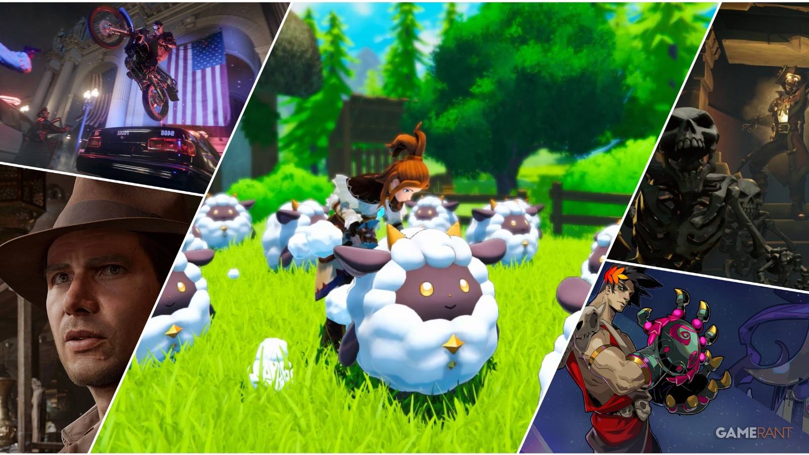 A Collage Of Key Art & Key Frames From Call Of Duty Black Ops 6, Indiana Jones & The Great Circle, Sea Of Thieves, Hades, & Palworld