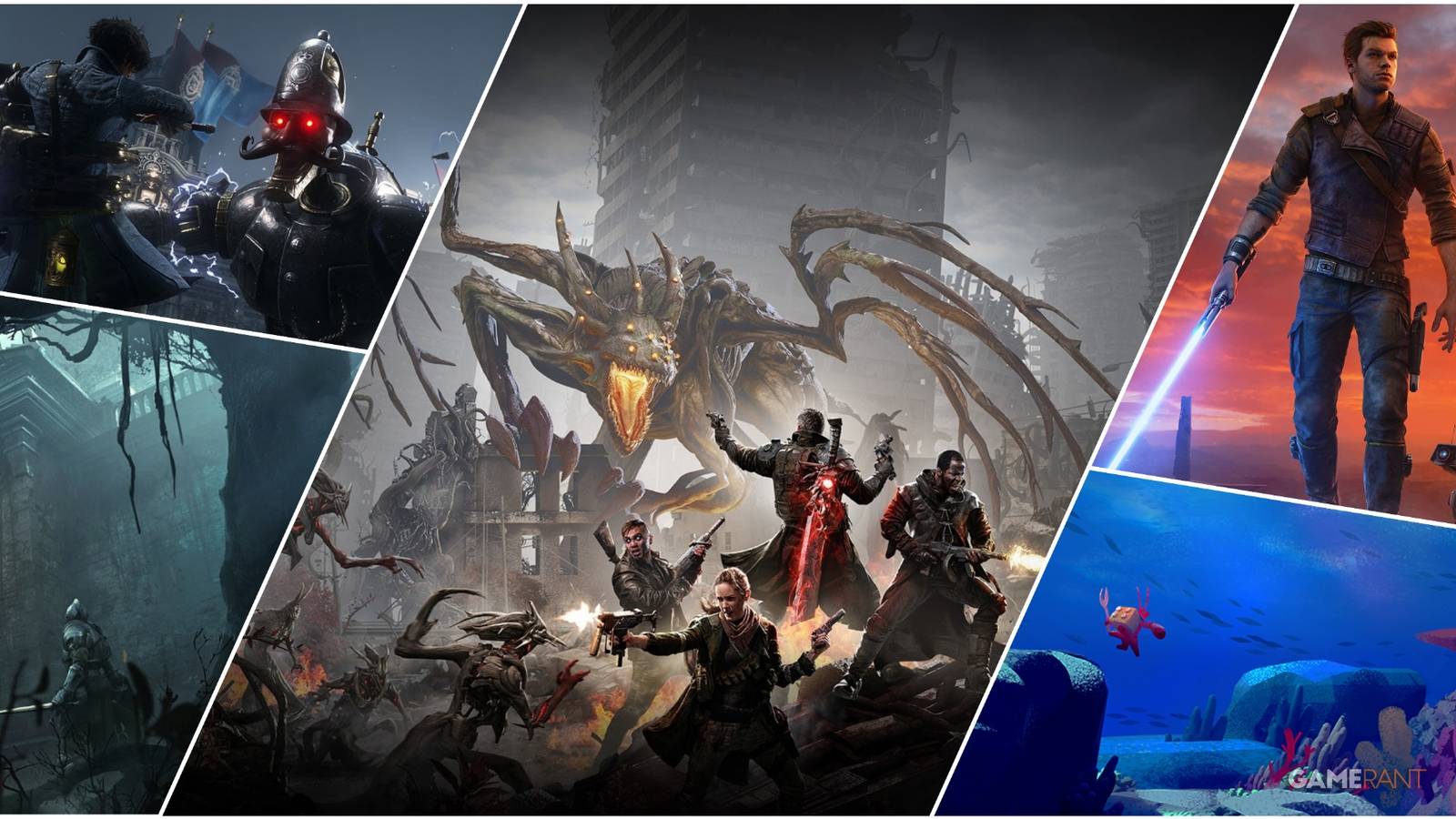 A Collage Of Key Art & Key Frames From Lies Of P, Demon's Souls, Jedi Survivor, Another Crab's Treasure, & Remnant From The Ashes