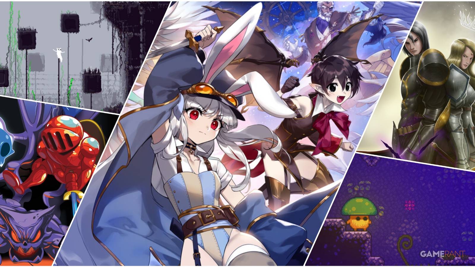 A Collage Of Key Art & Key Frames From Rain World, Lone Fungus, Aeterna Noctus, Afterimage, & Tevi