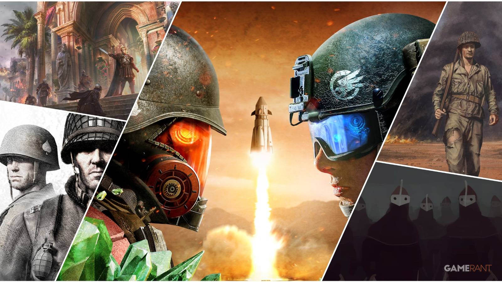 A Collage Of Key Art & Key Frames From World War Armies, Company Of Heroes, Age Of Empires Mobile, Bad North, & Command And Conquer Mobile