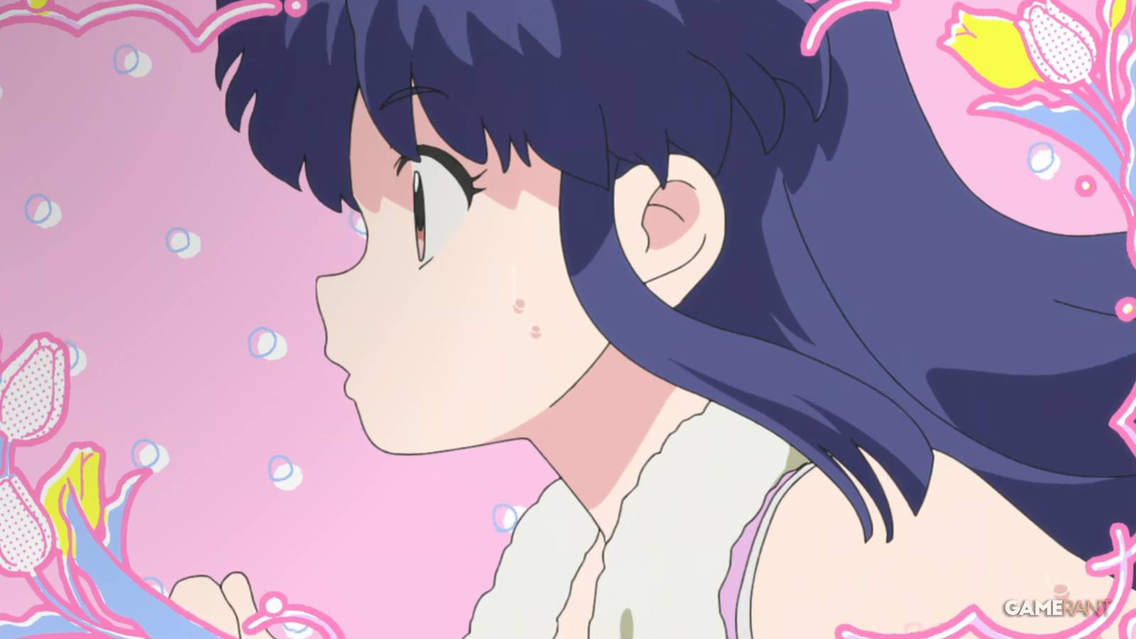 Akane jogs against a pink background in this frame from Ranma 1/2.