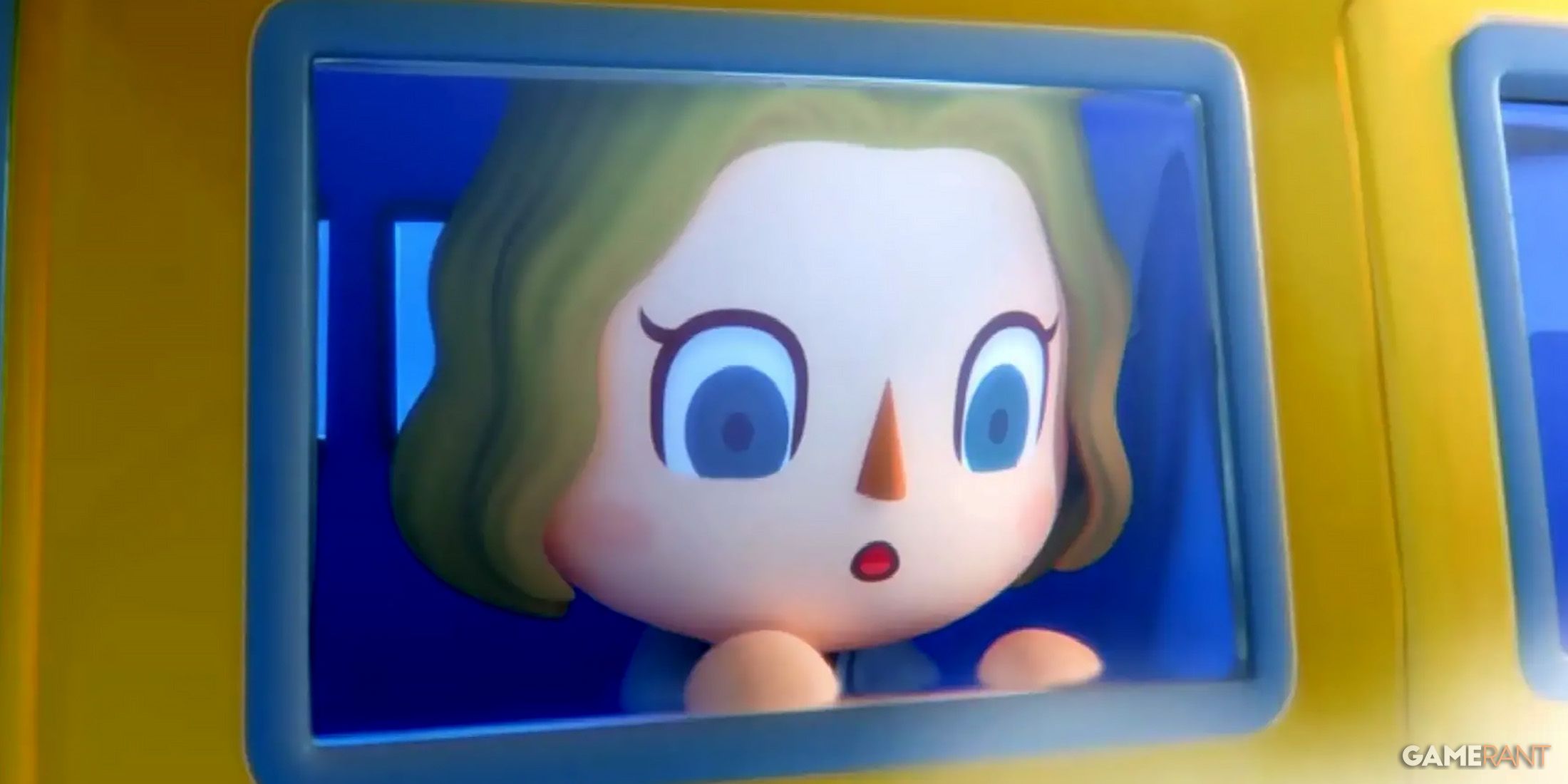 Animal Crossing New Horizons character looking surprised while looking out of airplane window