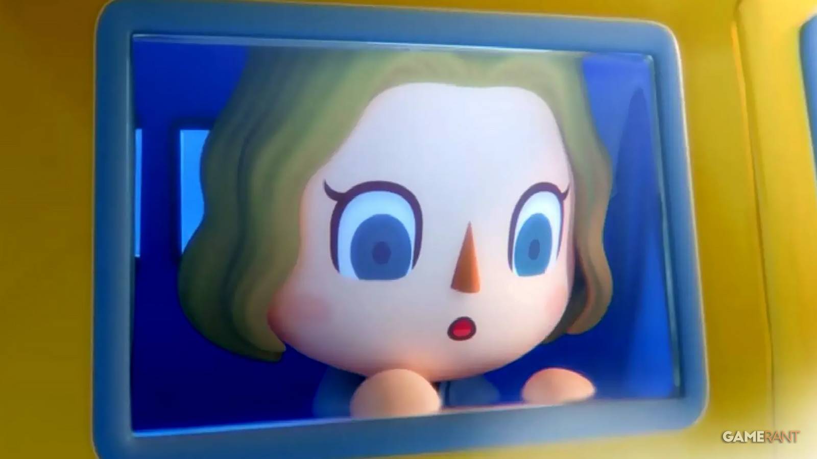 Animal Crossing New Horizons character looking surprised while looking out of airplane window