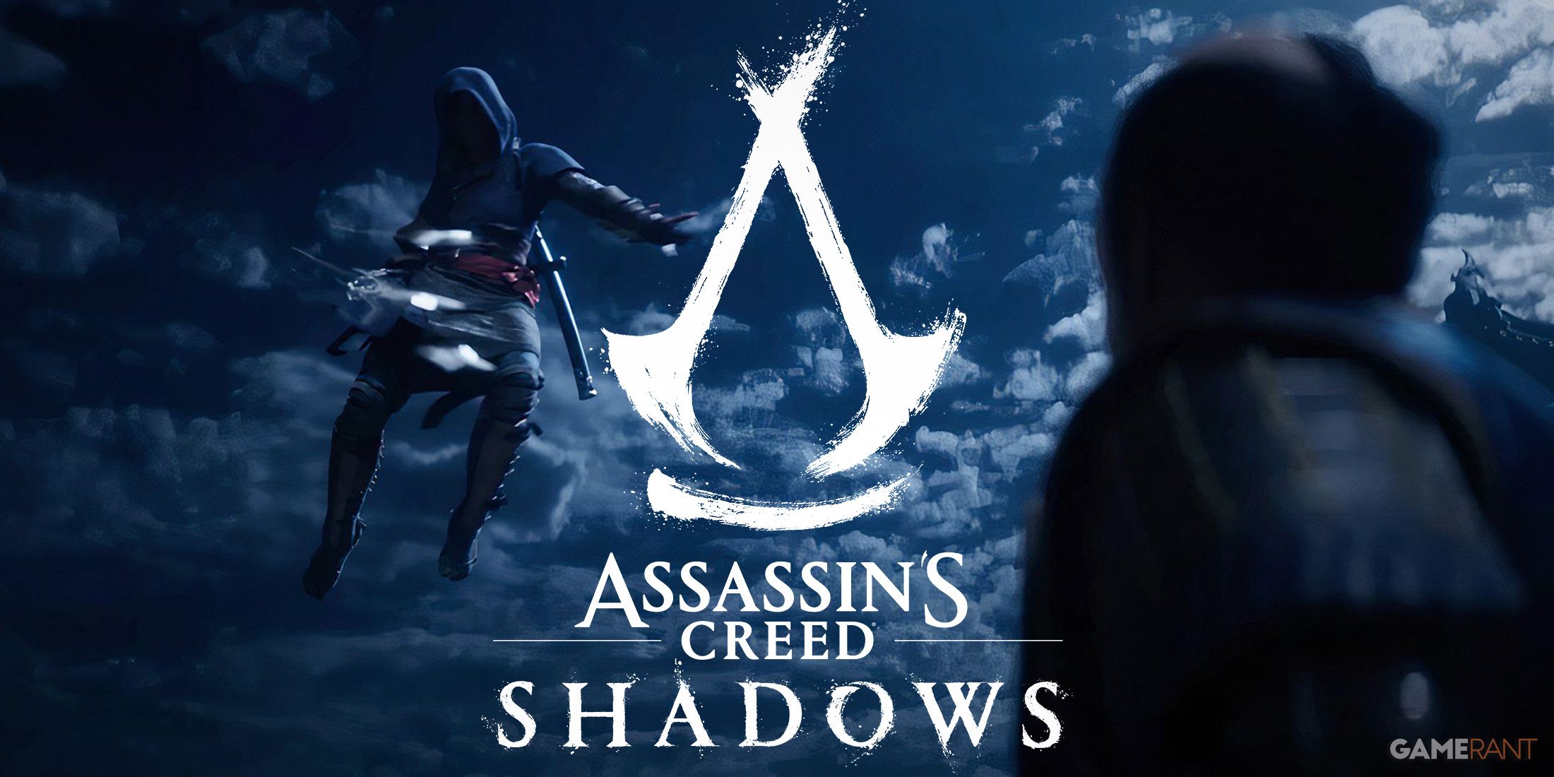 Assassin's Creed Shadows Naoe jumping at enemy during nighttime white game logo 2x1 composite