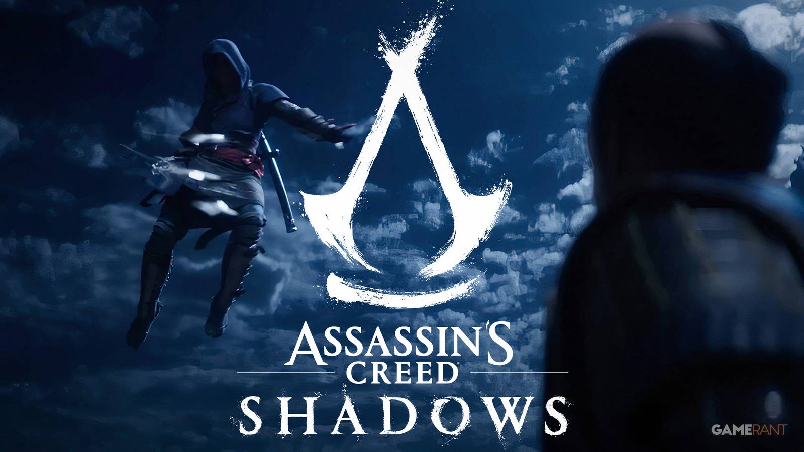 Assassin's Creed Shadows Naoe jumping at enemy during nighttime white game logo 2x1 composite