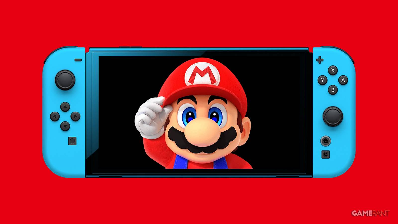 blue Nintendo Switch 2 mockup on red background displaying Super Mario 2x1 composite