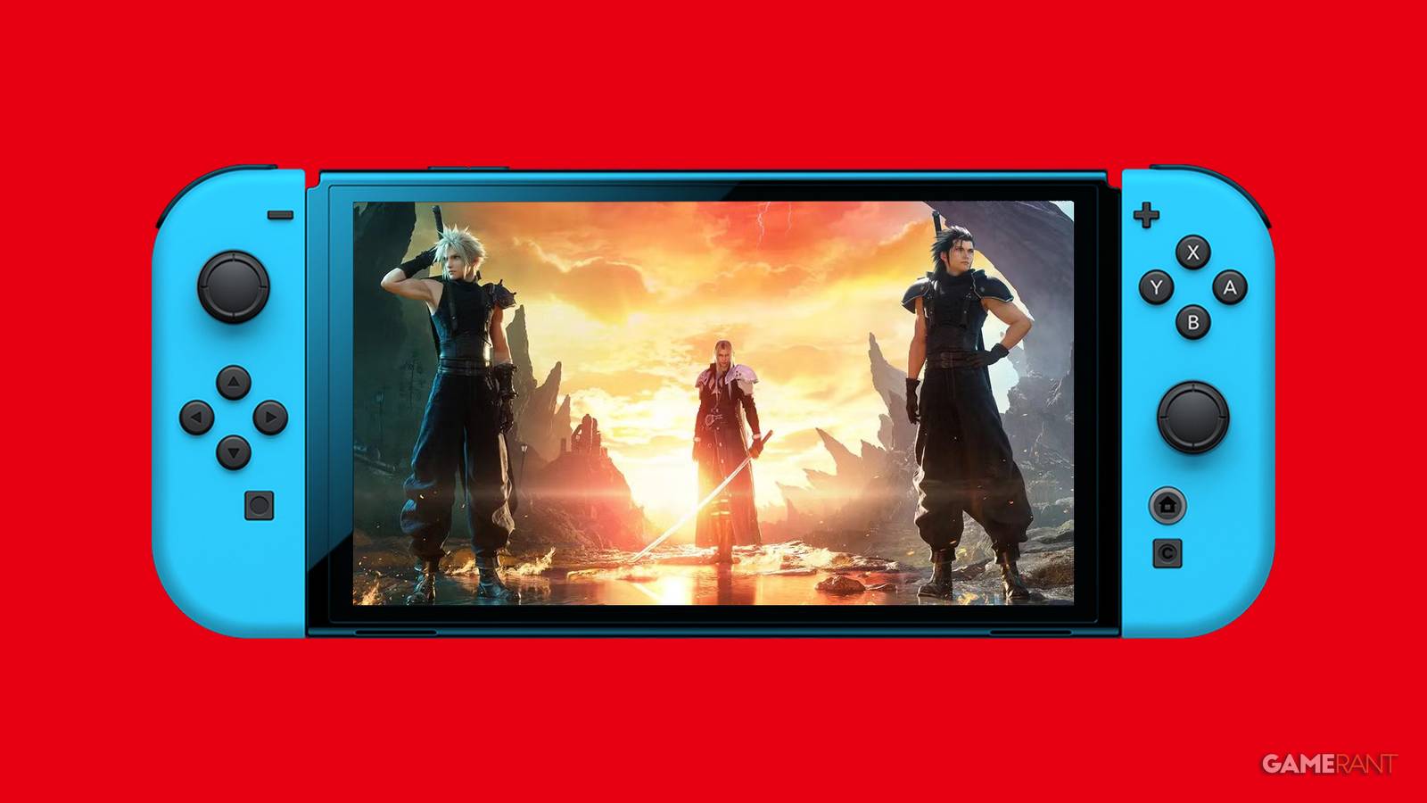 blue Nintendo Switch 2 mockup on red background running Final Fantasy 7 Rebirth 2x1 composite