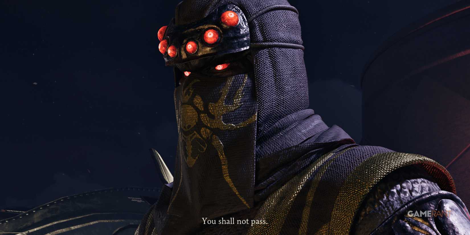 Close-up of a masked enemy saying You shall not pass in Ninja Gaiden 2 Black