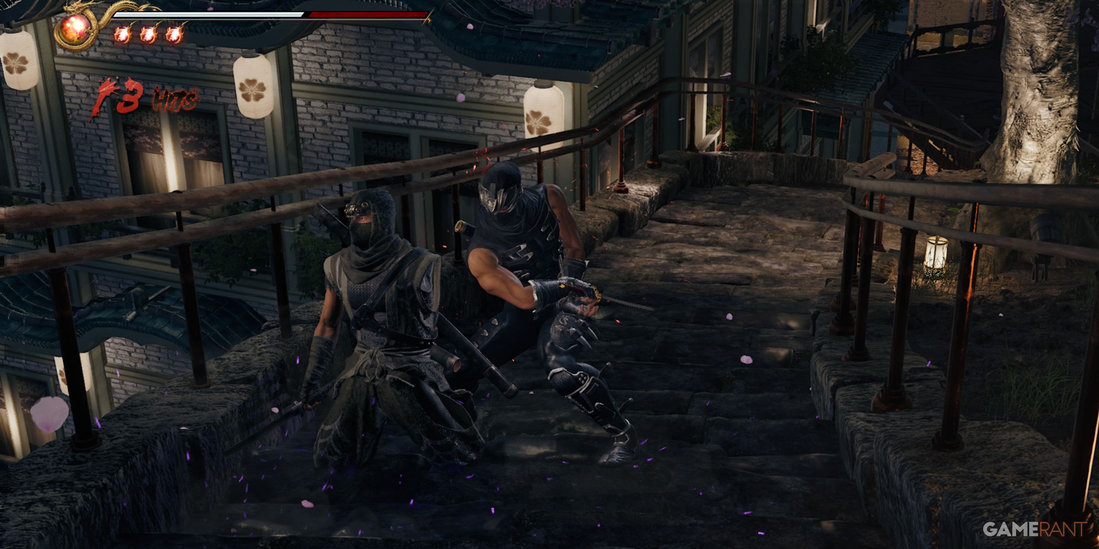 Combat on stone steps in Ninja Gaiden 2 Black as Ryu faces multiple enemies