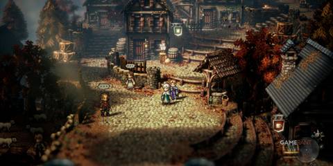 Crick Wellsley, a temporary party member, in a vibrant village scene from Octopath Traveler 2