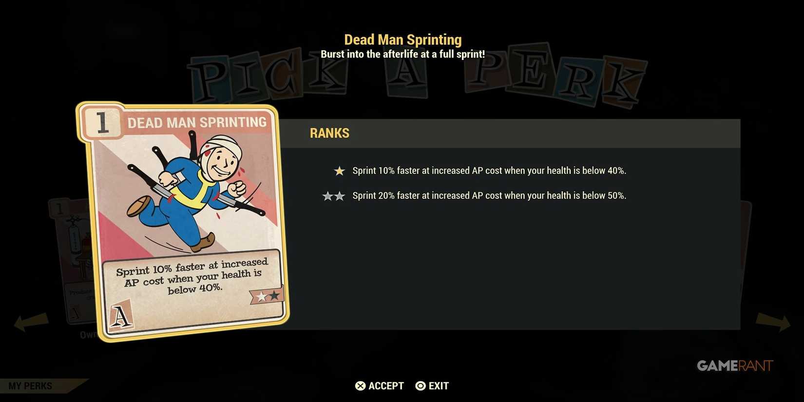 Dead Man Sprinting Perk In Fallout 76