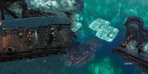 Characters taking the spirit bridge and talking to the undead ferryman in Divinity - Original Sin 2