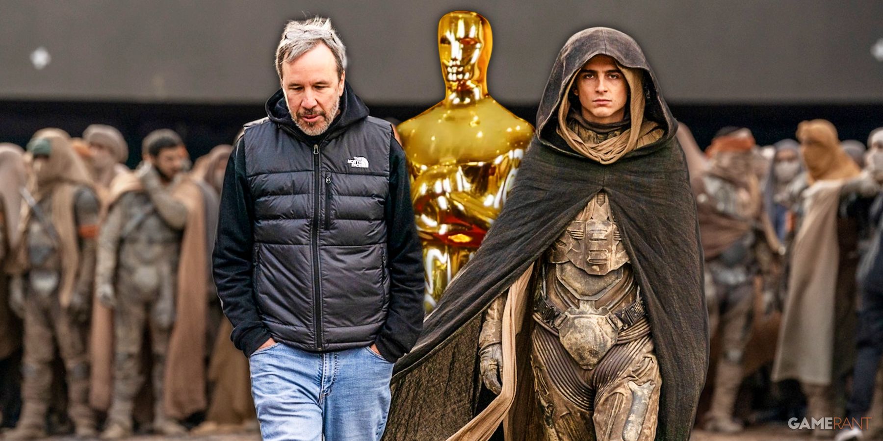 denis villeneuve and timothee chalamet on the sets of dune: part two, oscar award statuette