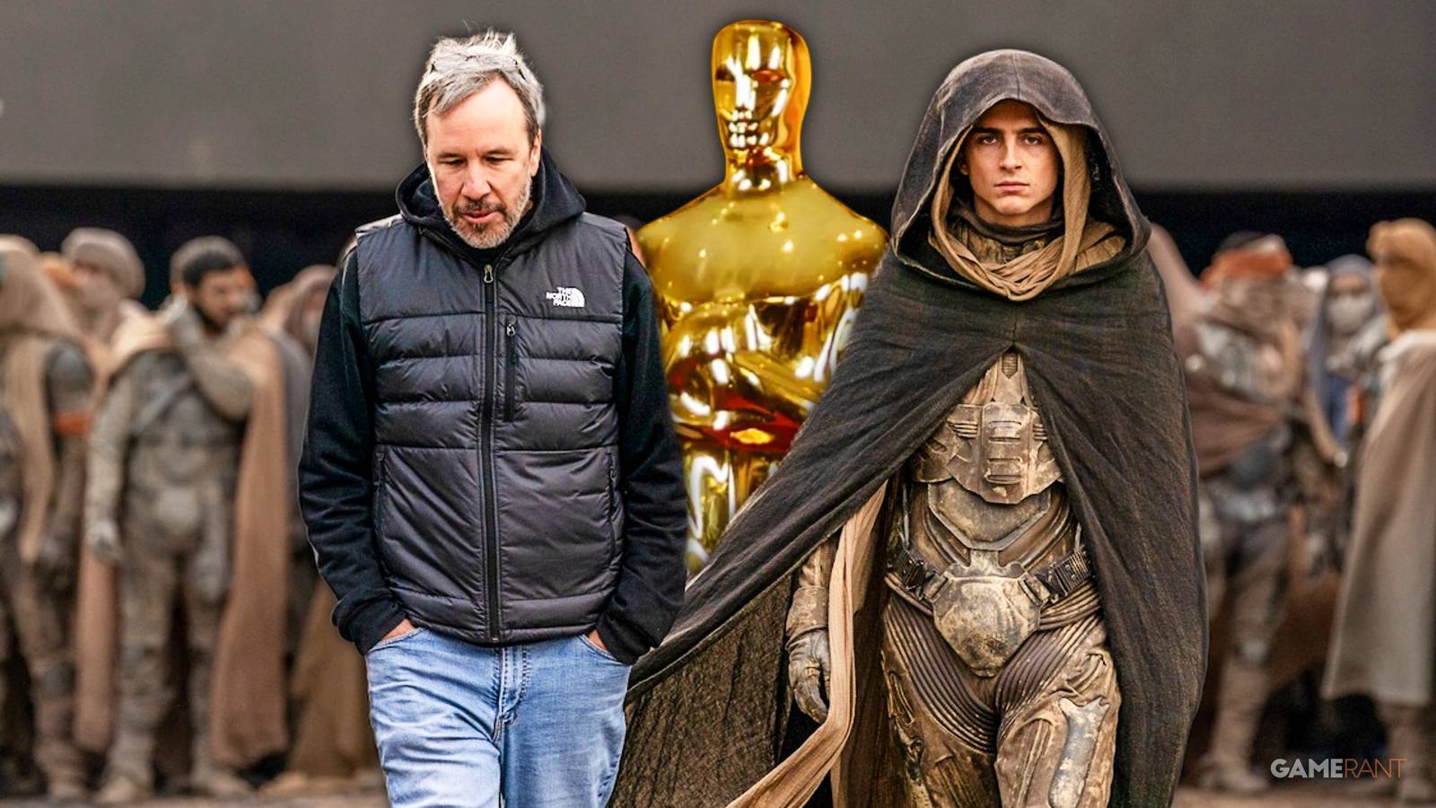 denis villeneuve and timothee chalamet on the sets of dune: part two, oscar award statuette