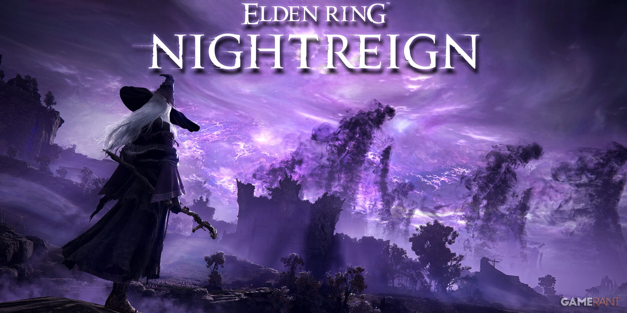 Elden Ring Nightreign purple promo screenshot with white game logo