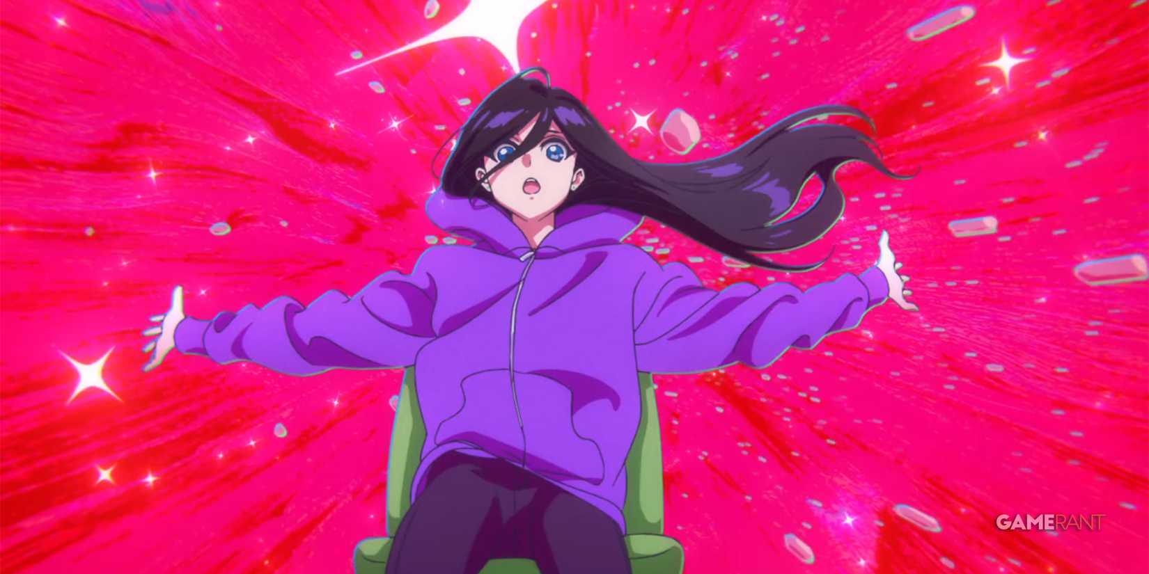 Hirose flies on a magical green office chair through a transcendent hot pink explosion in Zenshu.