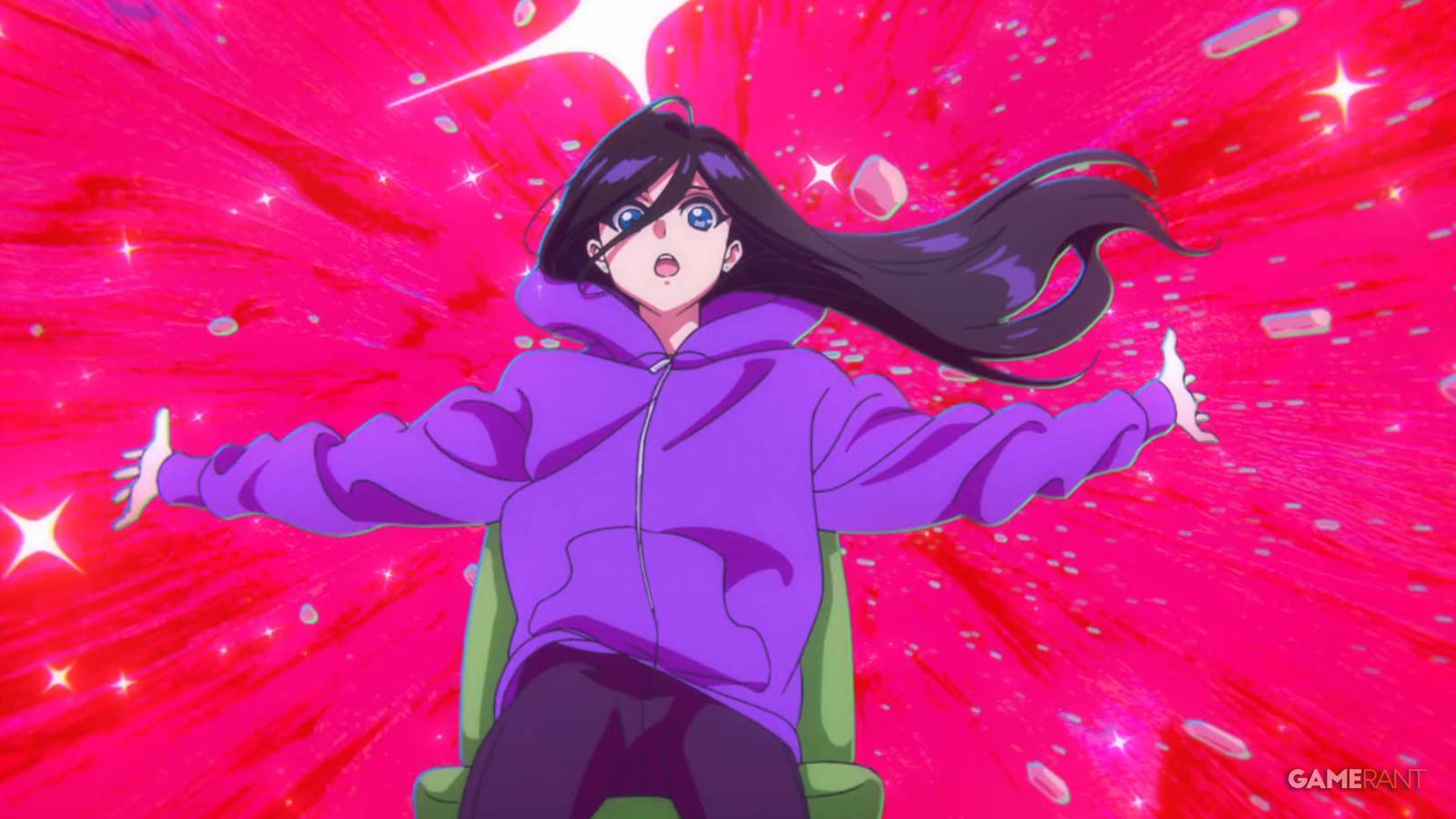 Hirose flies on a magical green office chair through a transcendent hot pink explosion in Zenshu.