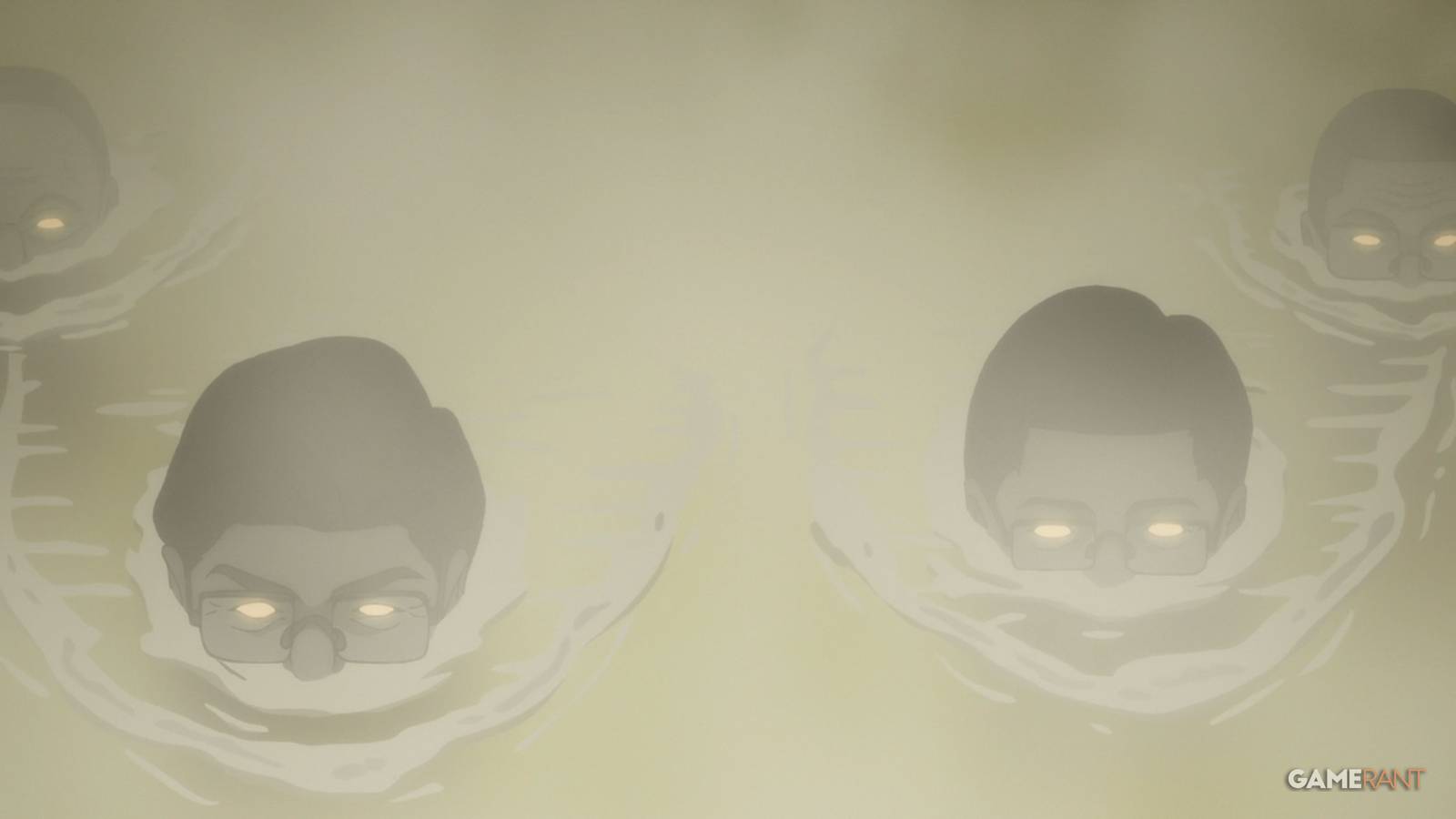 A group of swim toward Momo in a co-ed hot spring in Dandadan.