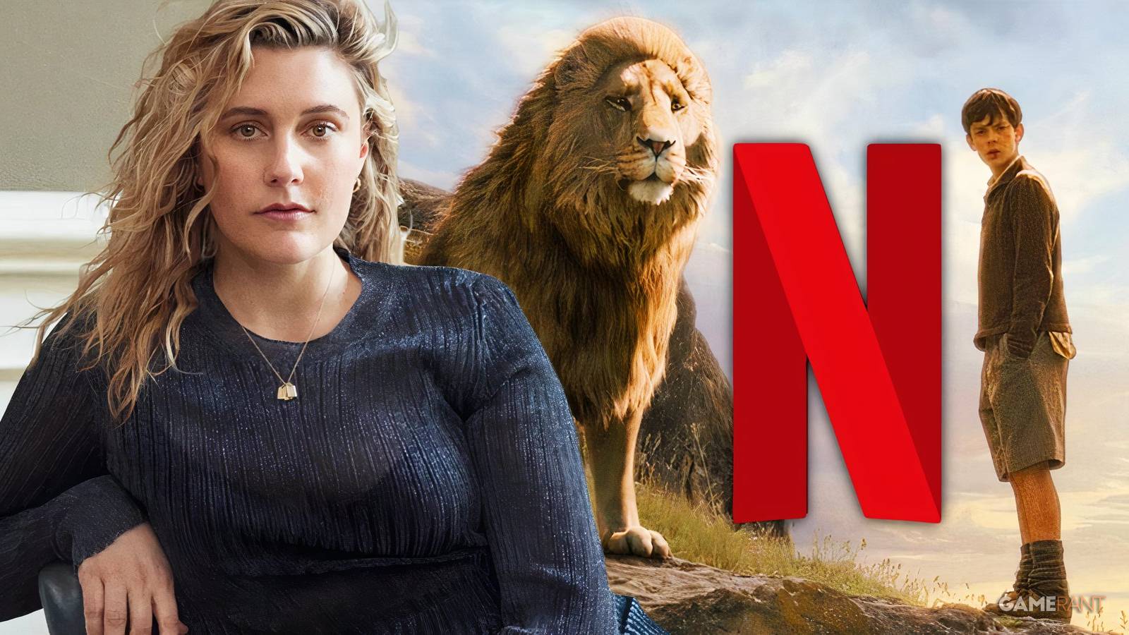 greta gerwig, aslan and edmund in the chronicles of narnia, netflix n logo