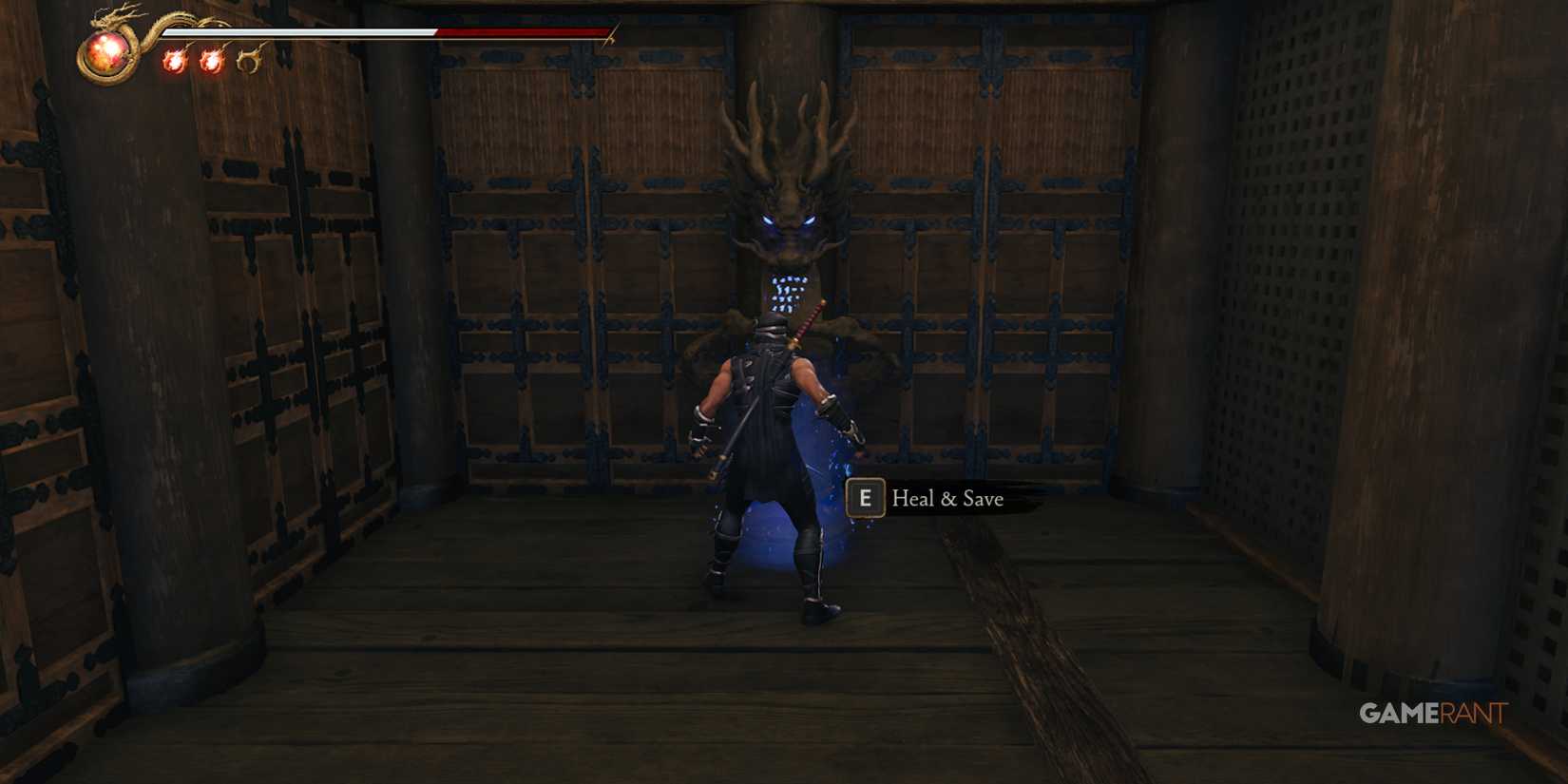 Healing and saving progress at a Dragon Statue in Ninja Gaiden 2 Black