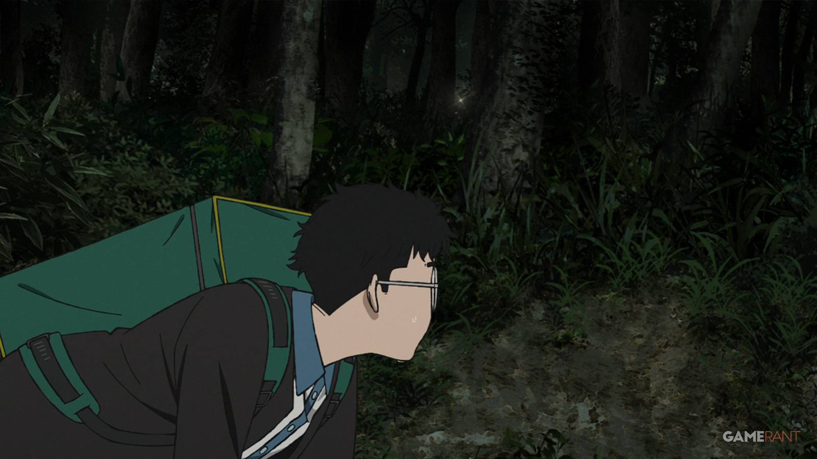 Okarun notices a glint of light in the forest near Jiji's house in Dandadan.