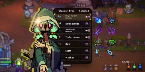 serena a character in lost castle 2 next to a bunch of weapons from the game.