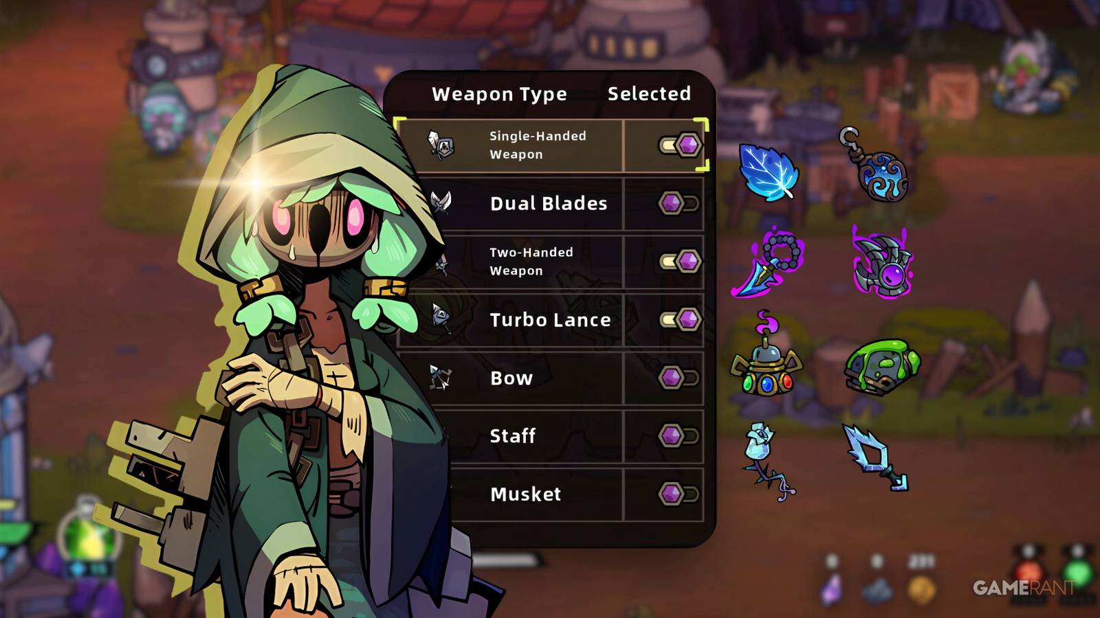 serena a character in lost castle 2 next to a bunch of weapons from the game.