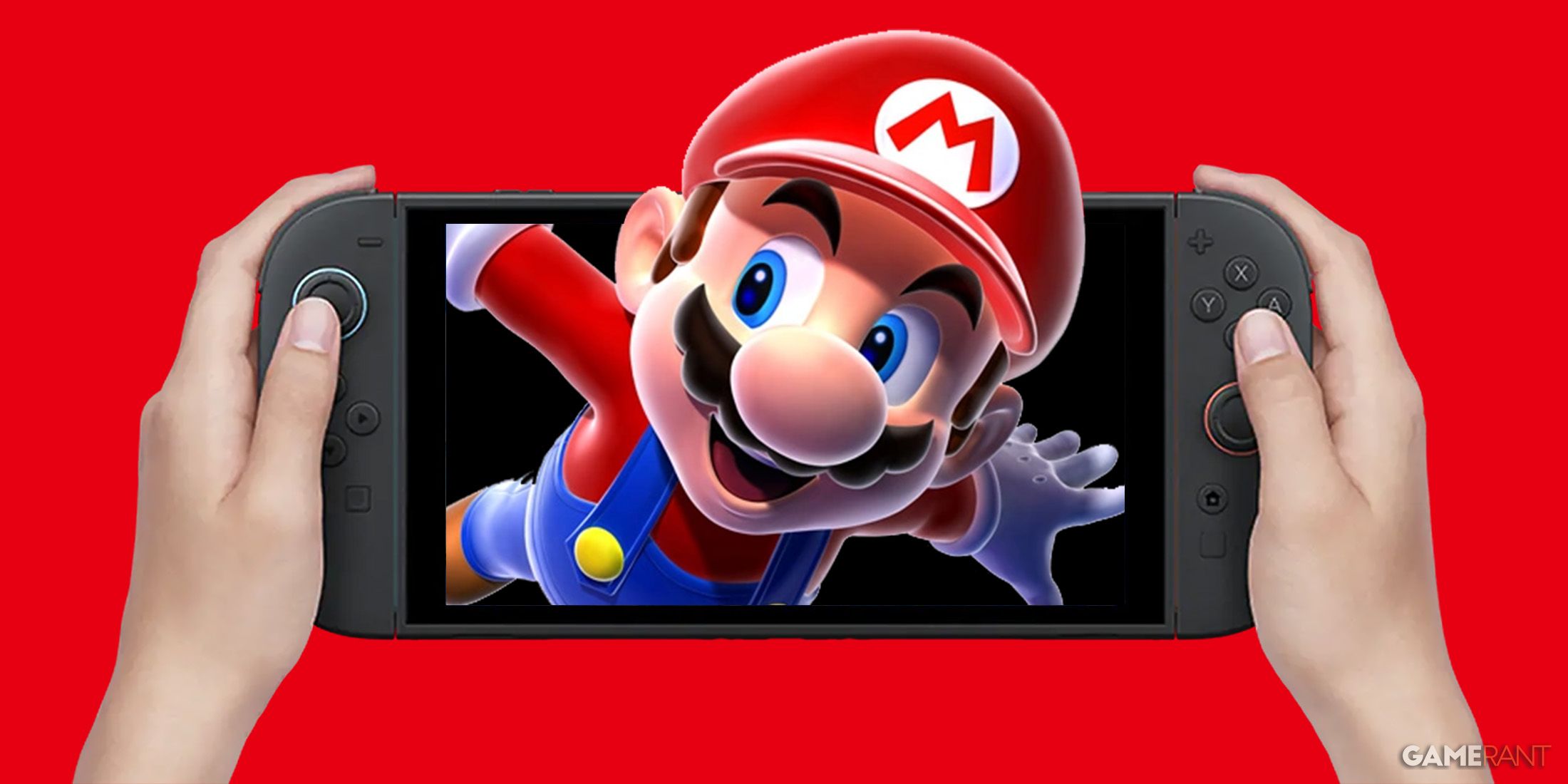 Mario Galaxy character artwork emerging out of hand-held Nintendo Switch 2 on red background