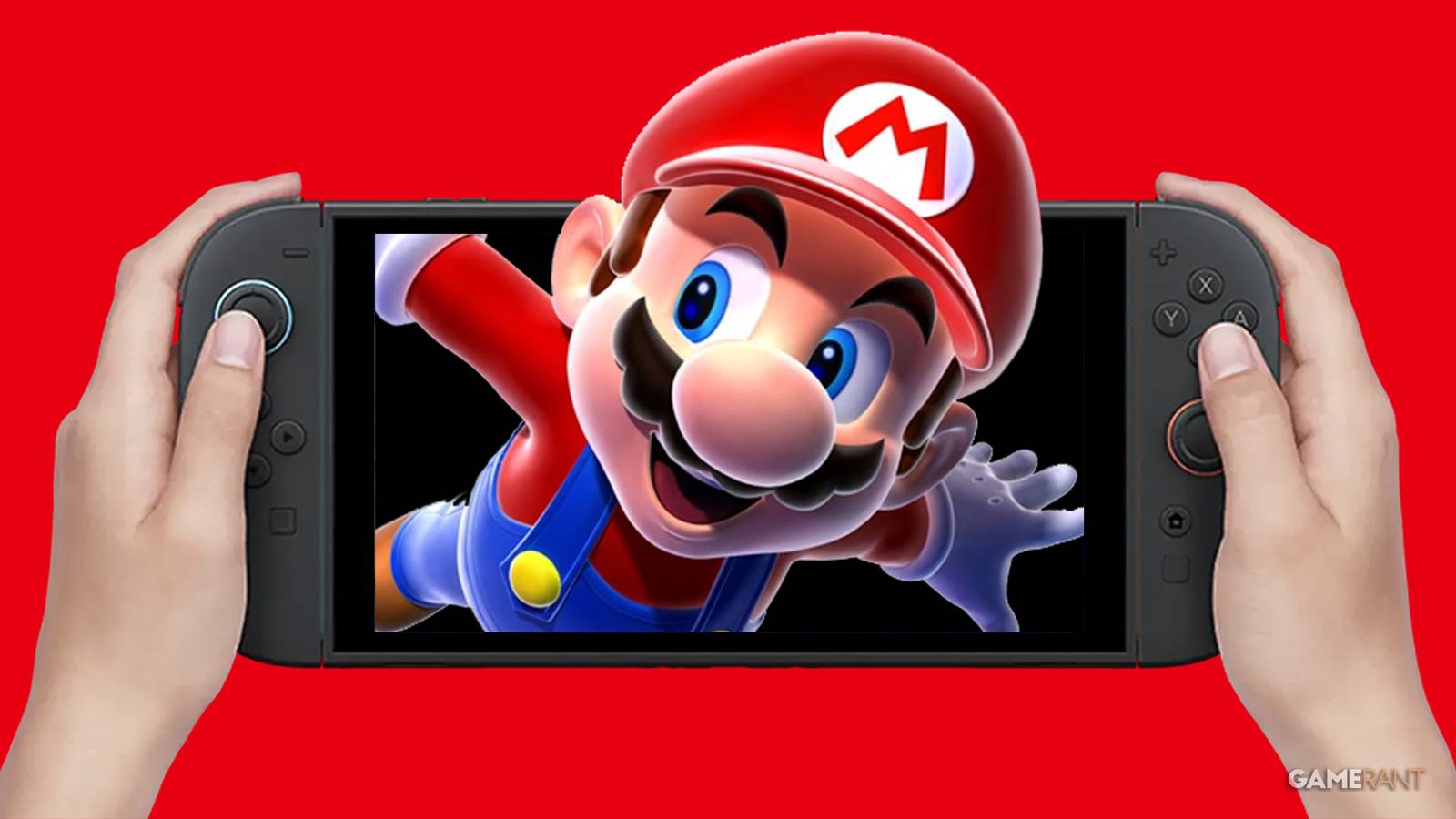 Mario Galaxy character artwork emerging out of hand-held Nintendo Switch 2 on red background