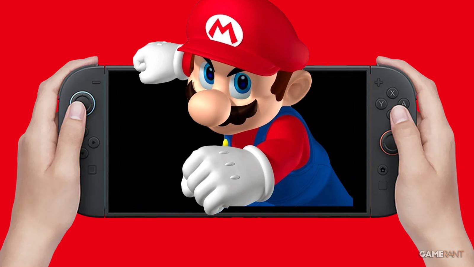 Mario getting ready to throw a punch while emerging from hand-held Nintendo Switch 2 on red background 2x1 composite