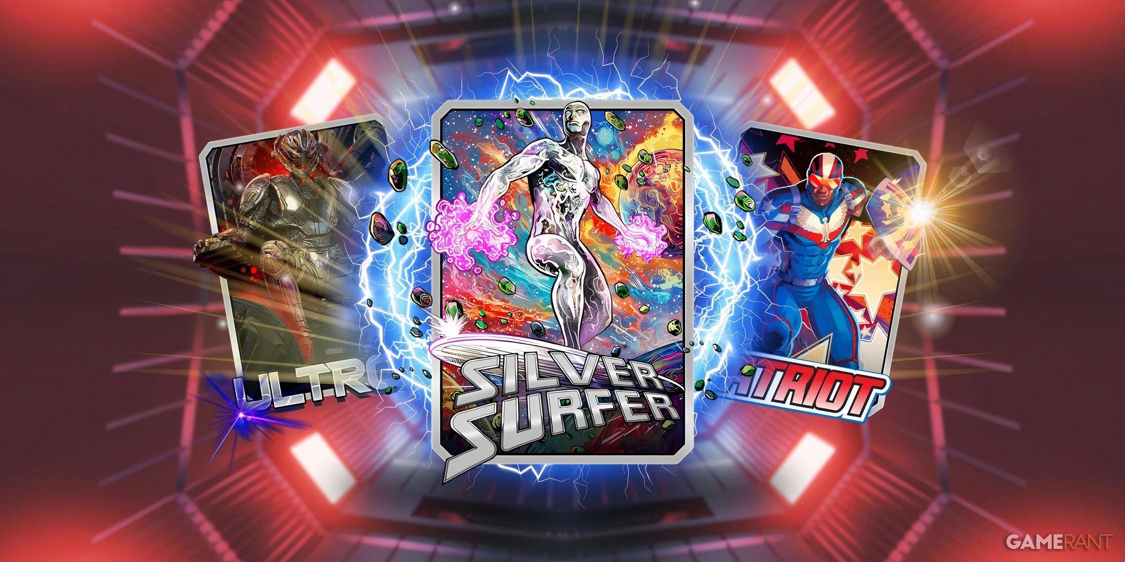 silver surfer, patriot and ultron cards in marvel snap.