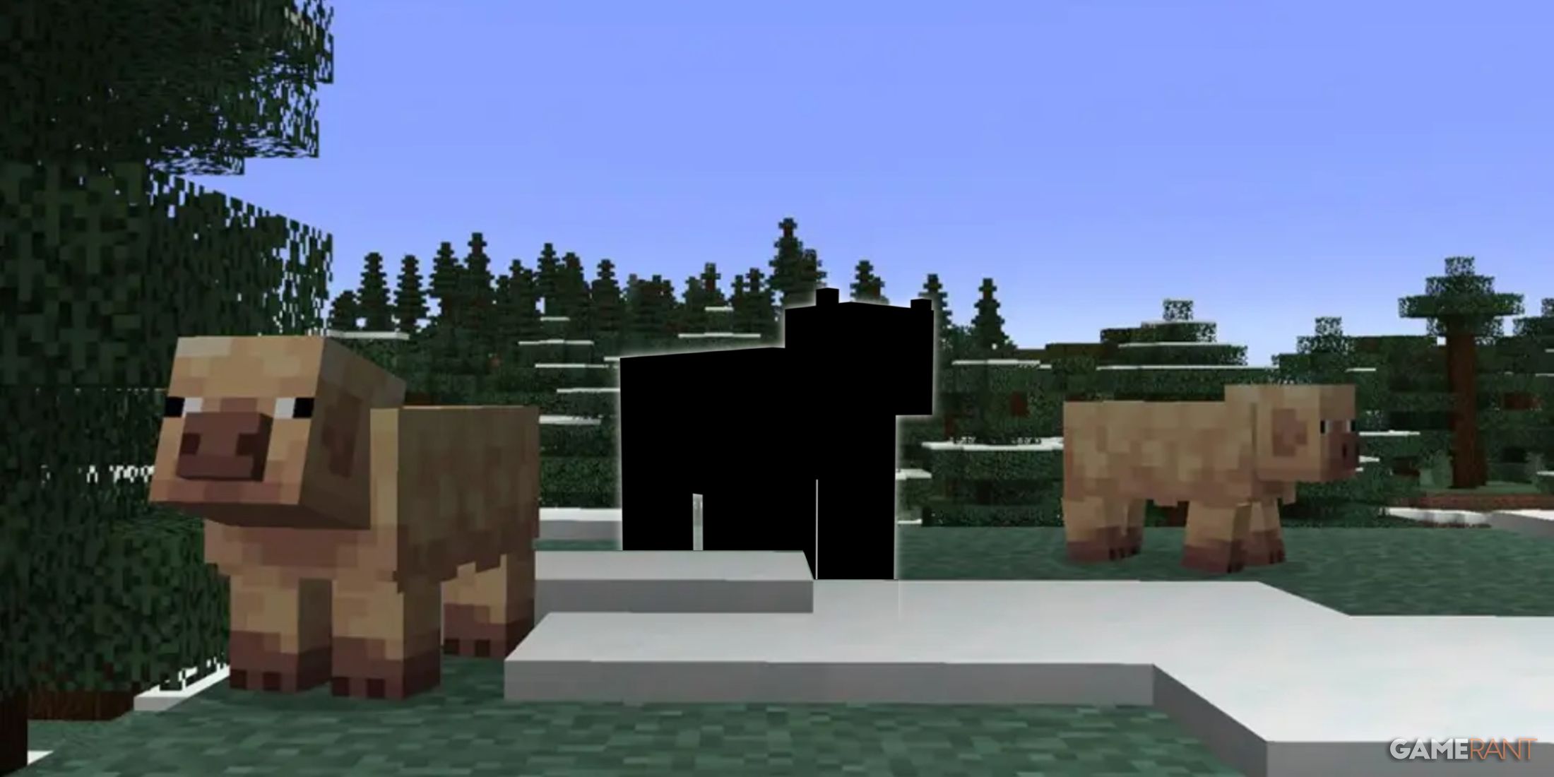 Minecraft's new cold pig variants standing on either side of a cow silhouette.