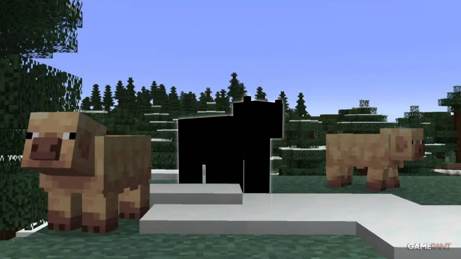 Minecraft's new cold pig variants standing on either side of a cow silhouette.