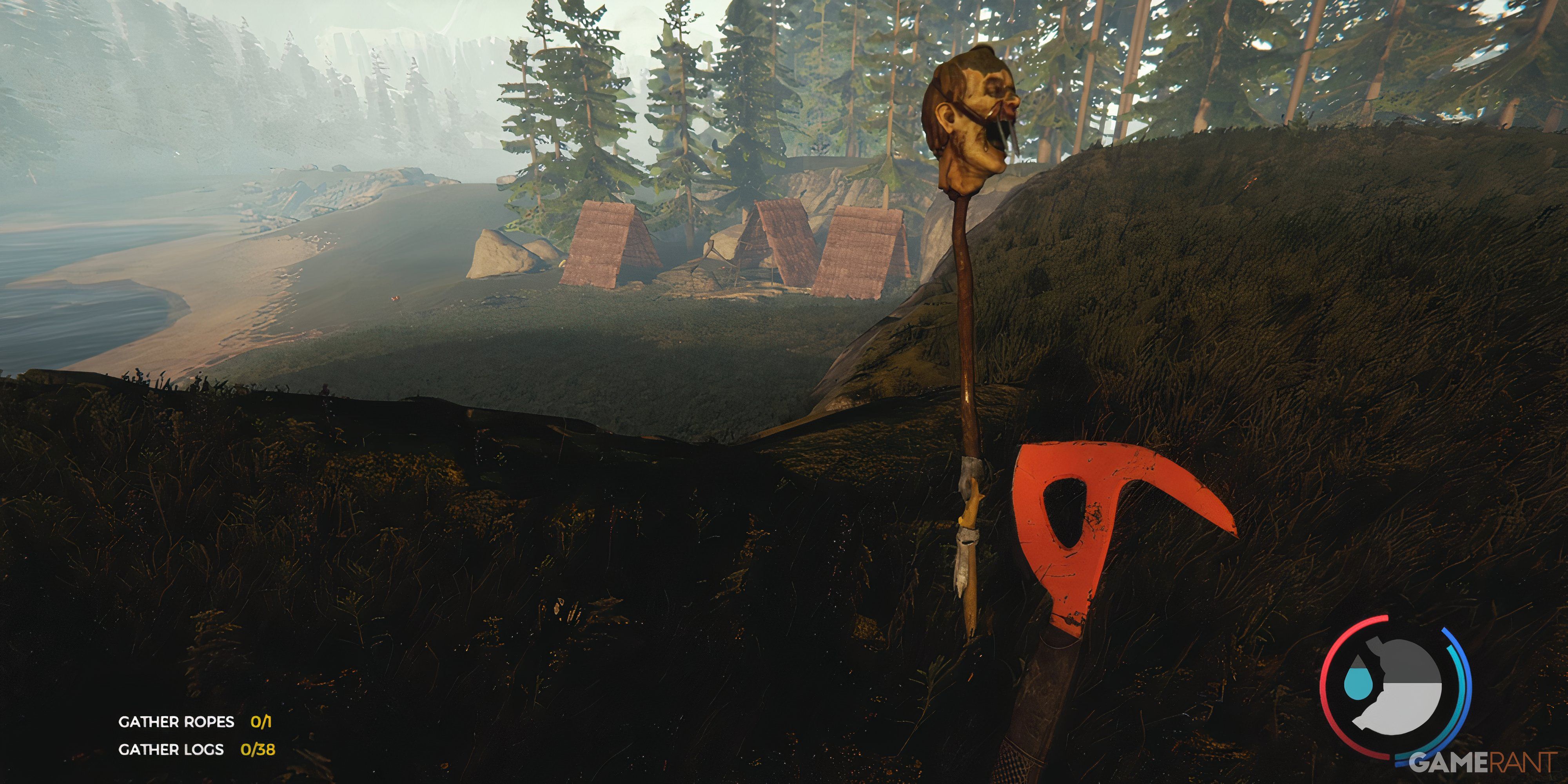 The Forest: 10 Tips For Designing The Best Base Player looks down on a cannibal village with a severed head in the foreground