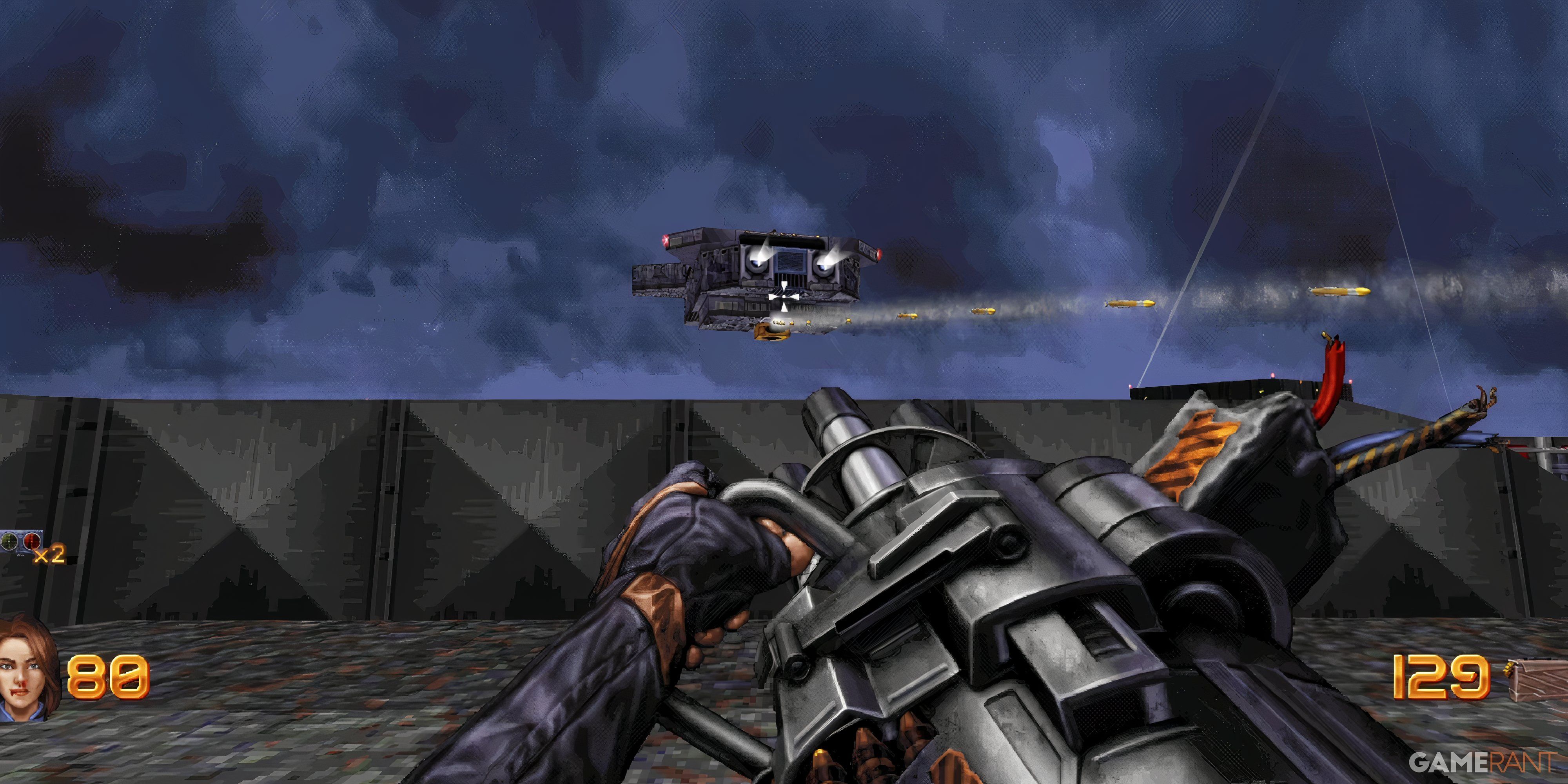 24 Great Story-Driven FPS Games Player takes aim at a flying ship with a big gun