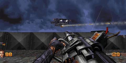 24 Great Story-Driven FPS Games Player takes aim at a flying ship with a big gun