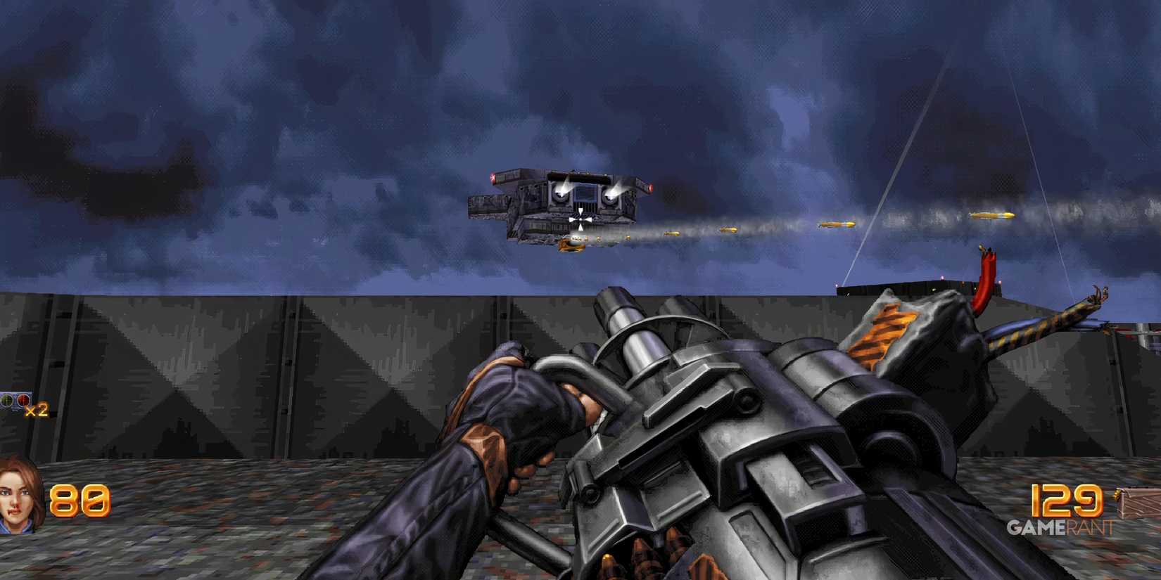 24 Great Story-Driven FPS Games Player takes aim at a flying ship with a big gun